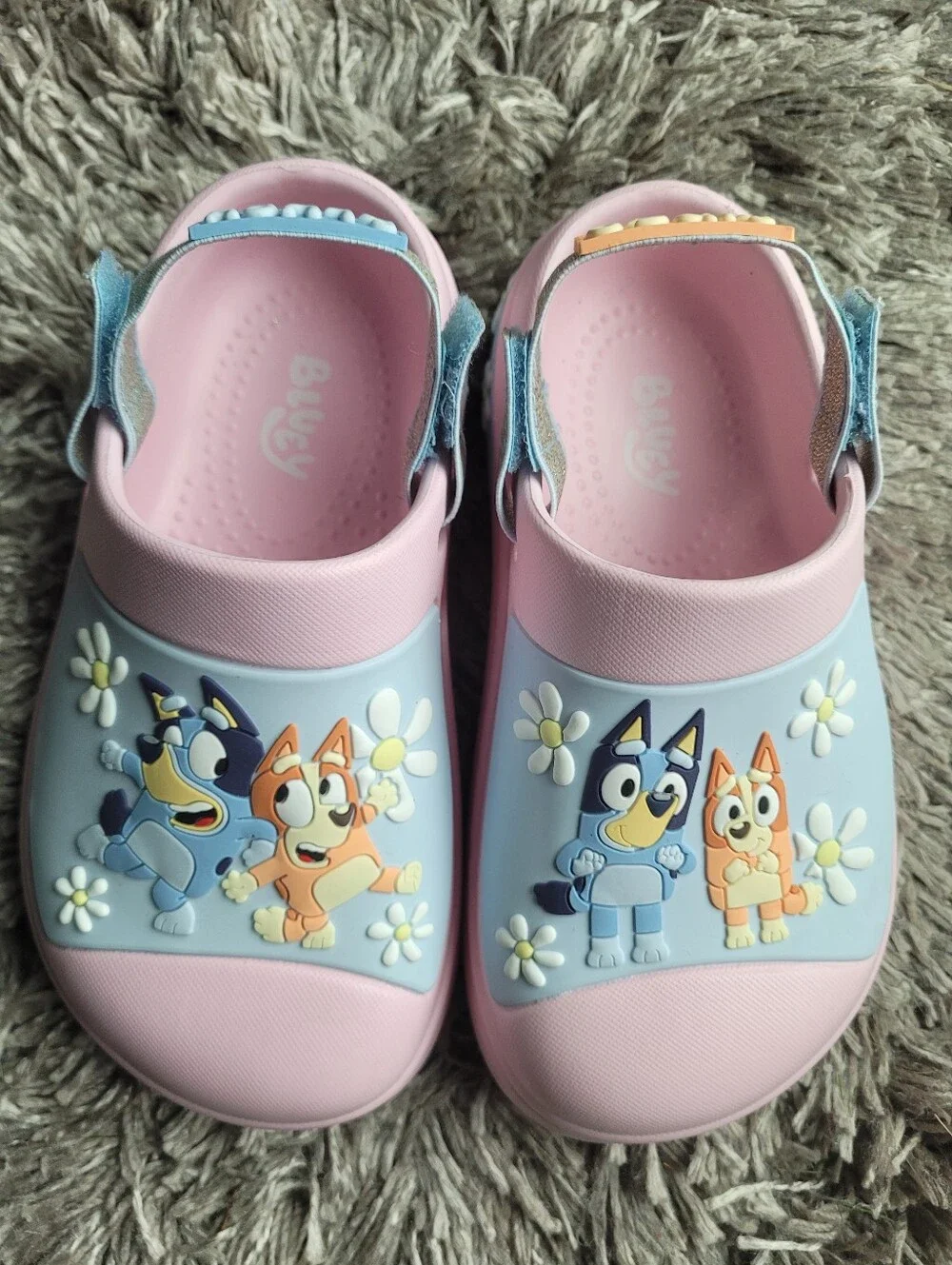 Kids Pink and Light Blue Bluey-Style Slip-On Sandals with Back Strap